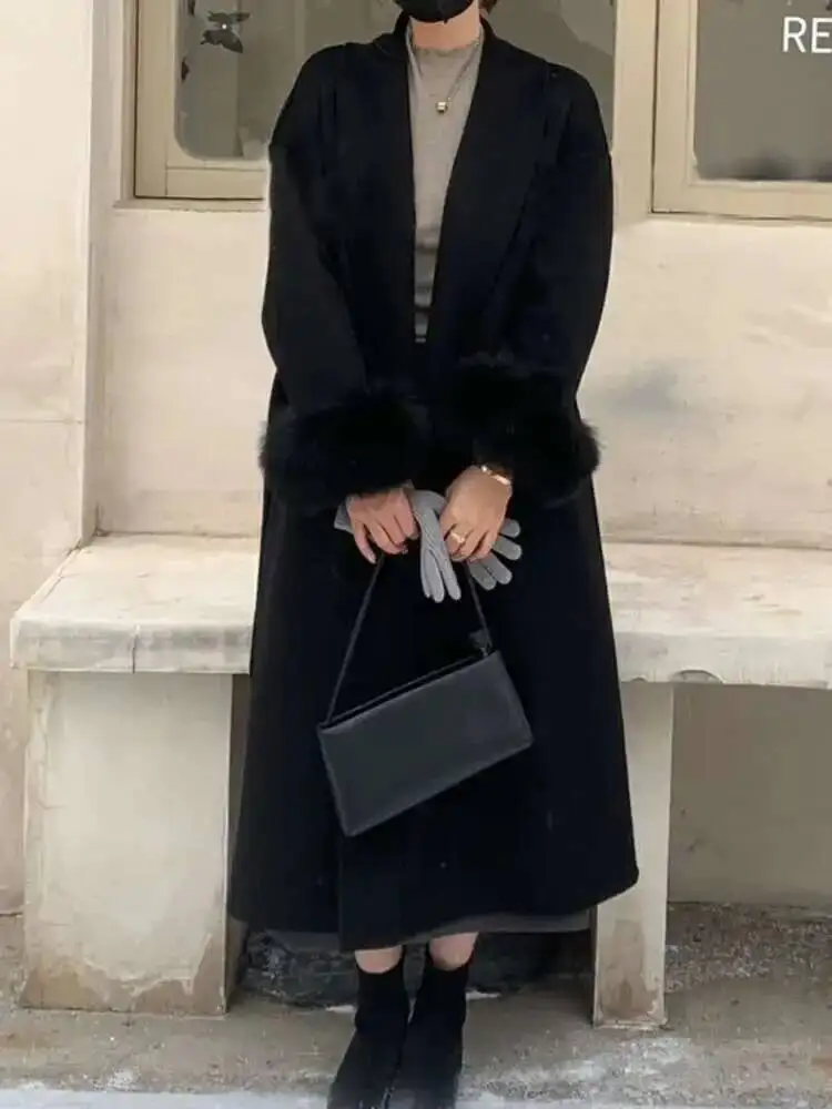 UCXQ Cappotto da donna elegante Stile europeo Marea Cintura All Match Pelliccia di volpe Patchwork Cappotto di lana a maniche lunghe 2025 Autunno Inverno 3C1723 6