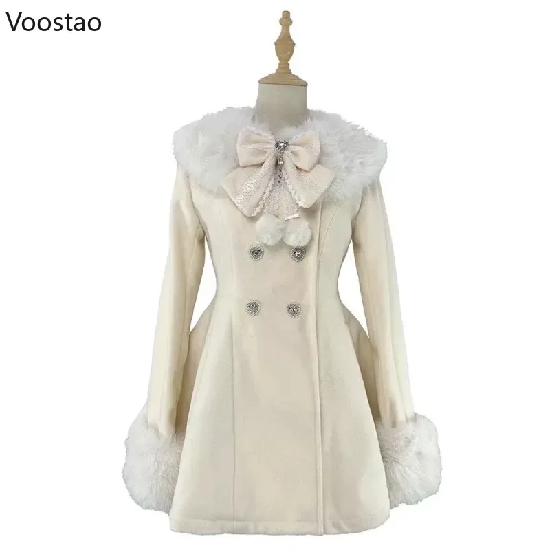Cappotto di lana Lolita giapponese Kawaii autunno inverno donna dolce fiocco giacca sottile in peluche abito caldo stile coreano femminile soprabito carino 1