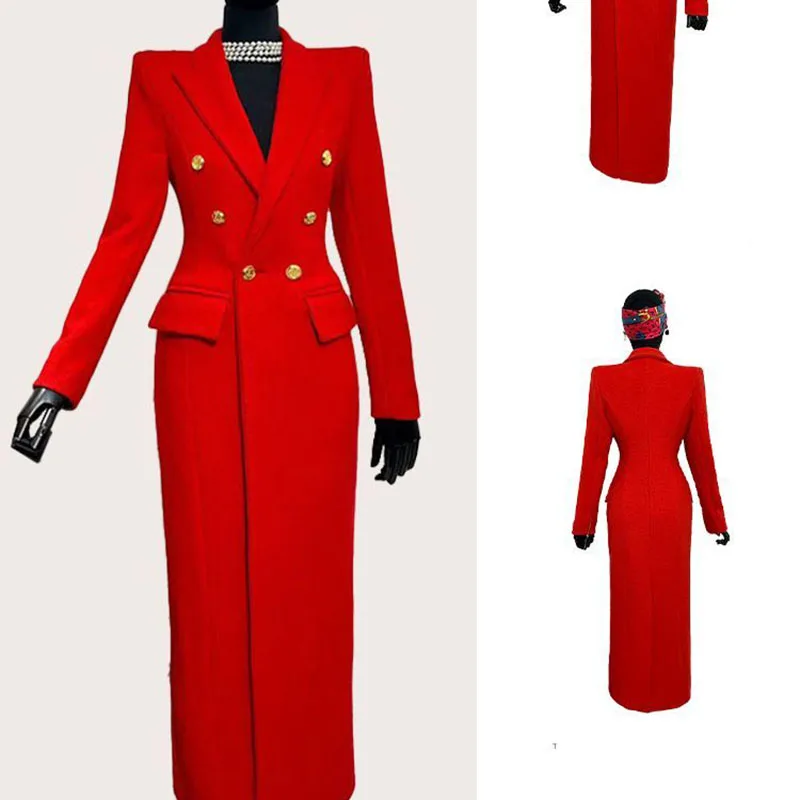 Cappotto di lana da donna con risvolto elegante alla moda autunno inverno 2025 Cappotto di lana da donna doppiopetto spesso rosso di alta qualità H468 6