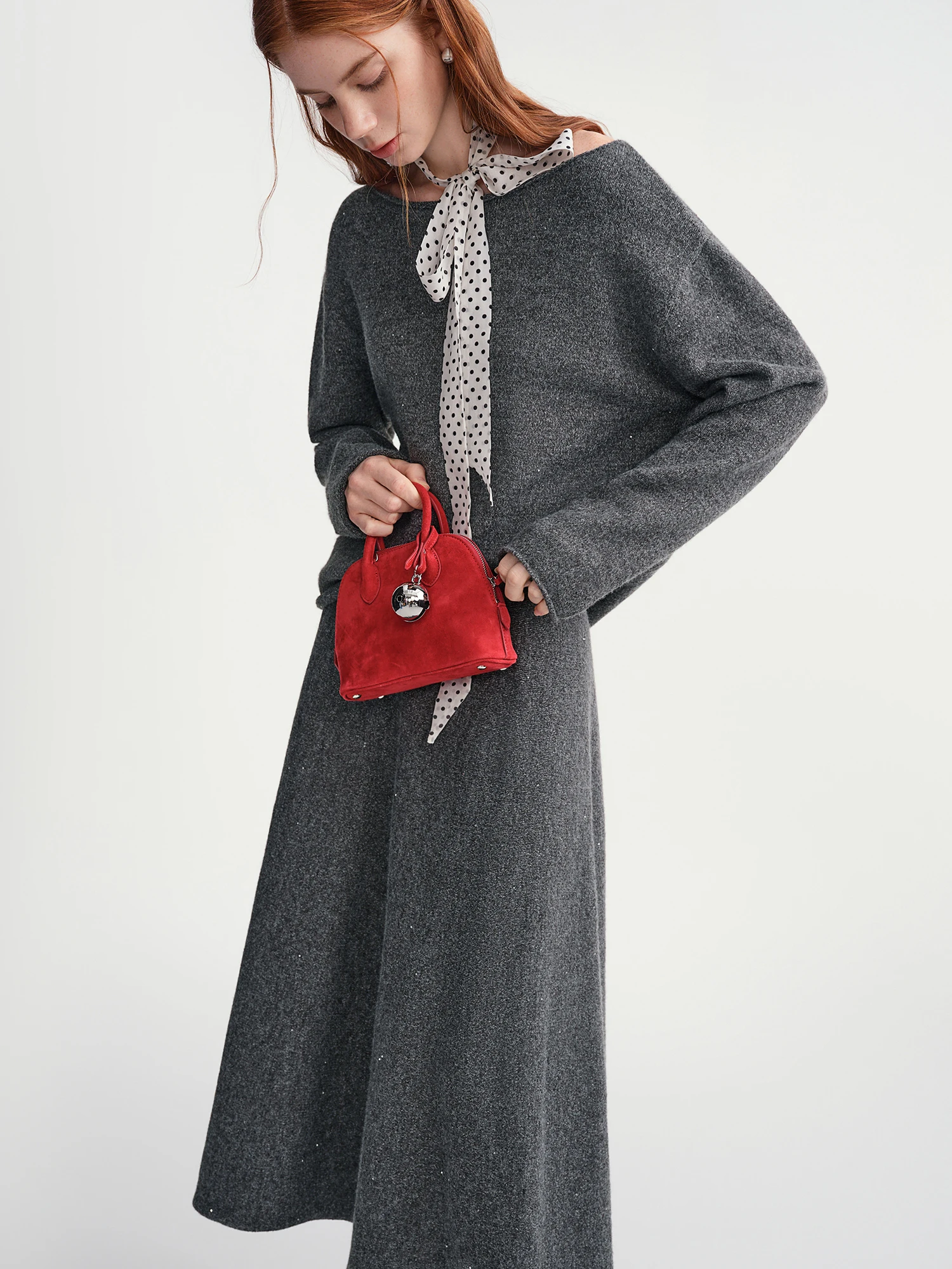 DUSHU Gonne set Donna Grigio Slash Neck Maglione allentato Abito lavorato a maglia Pendolarismo Office Lady Due pezzi Inverno Semplice Unisex Ins 3