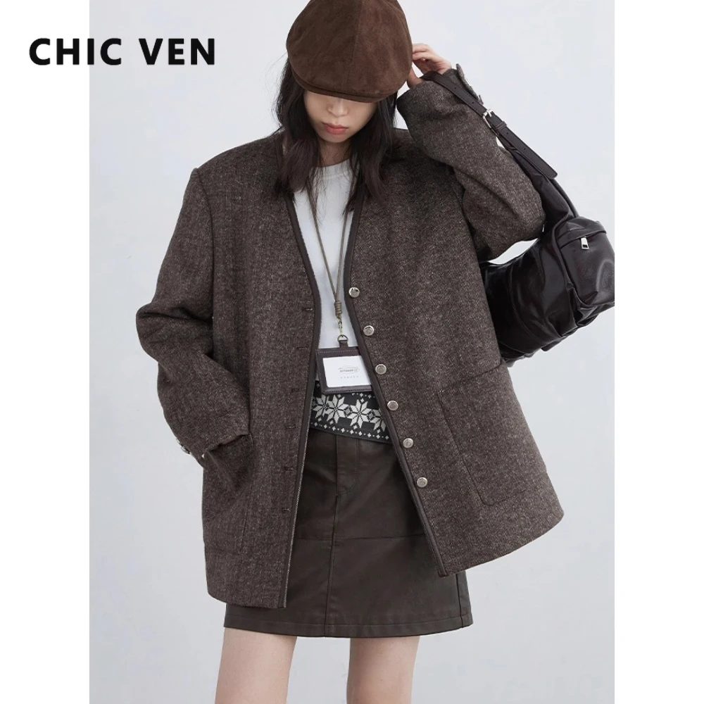 CHIC VEN Nuove donne cappotto di lana con scollo a V monopetto allentato casual retrò giacca trapuntata femminile di media lunghezza autunno inverno 2025 1