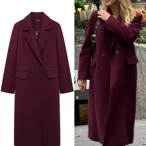 HH Cappotto bordeaux moda donna doppio petto manica lunga bavero misto giacca autunno inverno capispalla High Street 1