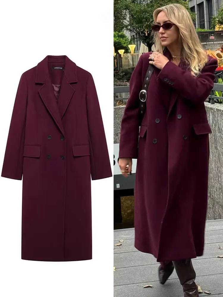 HH Cappotto bordeaux moda donna doppio petto manica lunga bavero misto giacca autunno inverno capispalla High Street 1