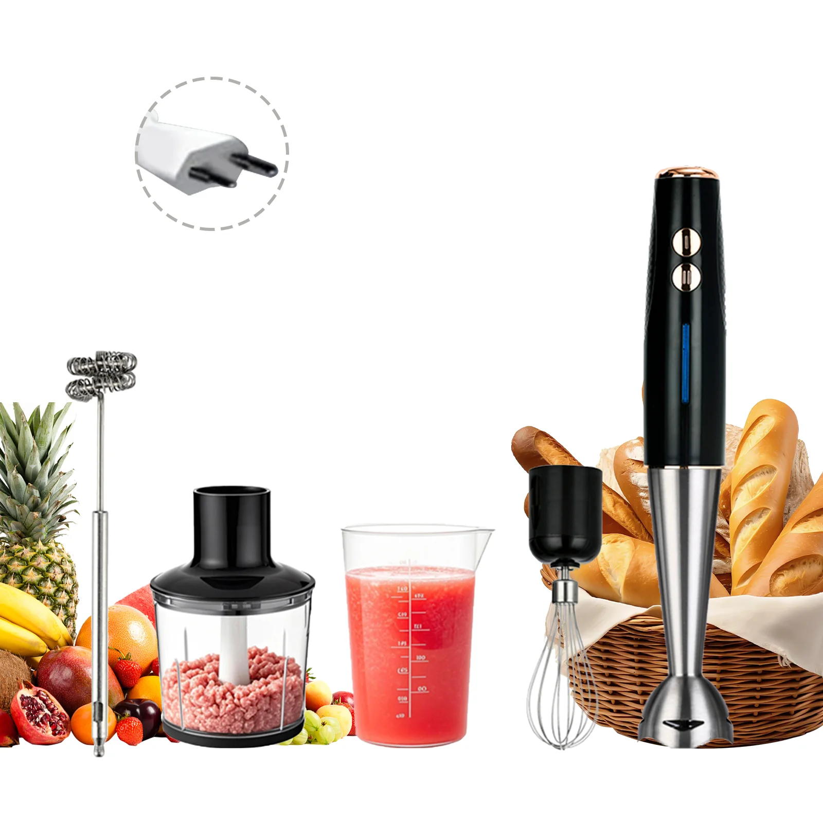 Frullatore manuale multifunzione 5 in 1 da 400 W, 16500 giri/min con frusta, tritatutto, montalatte e bicchiere senza BPA per zuppe, alimenti per bambini, frullato 1