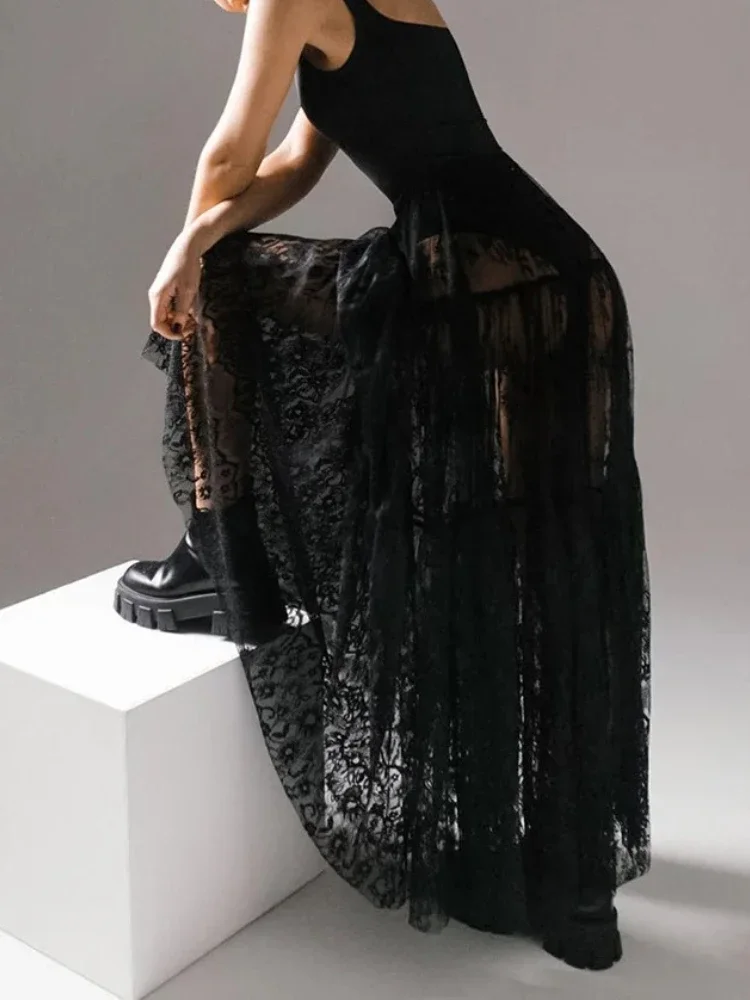 Y2K Gonna lunga in pizzo nero per donna 2025 Primavera Estate Gonna lunga svasata sexy a vita alta Abito elegante da spiaggia per feste da sera 2