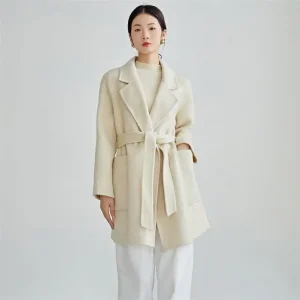 Cappotto di lana double face bianco sporco, accappatoio autunnale e invernale da donna, cappotto di lana semplice e alla moda con lacci 1