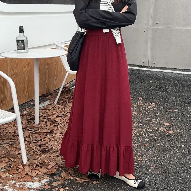 Mezza gonna lavorata a maglia spessa Autunno/Inverno Nuovo stile popolare Foglia a vita alta Parola Gonna lunga di media lunghezza con giunture dimagranti grandi 6