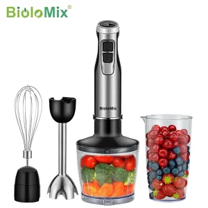 Il frullatore a immersione BioloMix 4 in 1 ad alta potenza da 1200 W include lame per ghiaccio in acciaio inossidabile con tazza per tritatutto e frullato 1