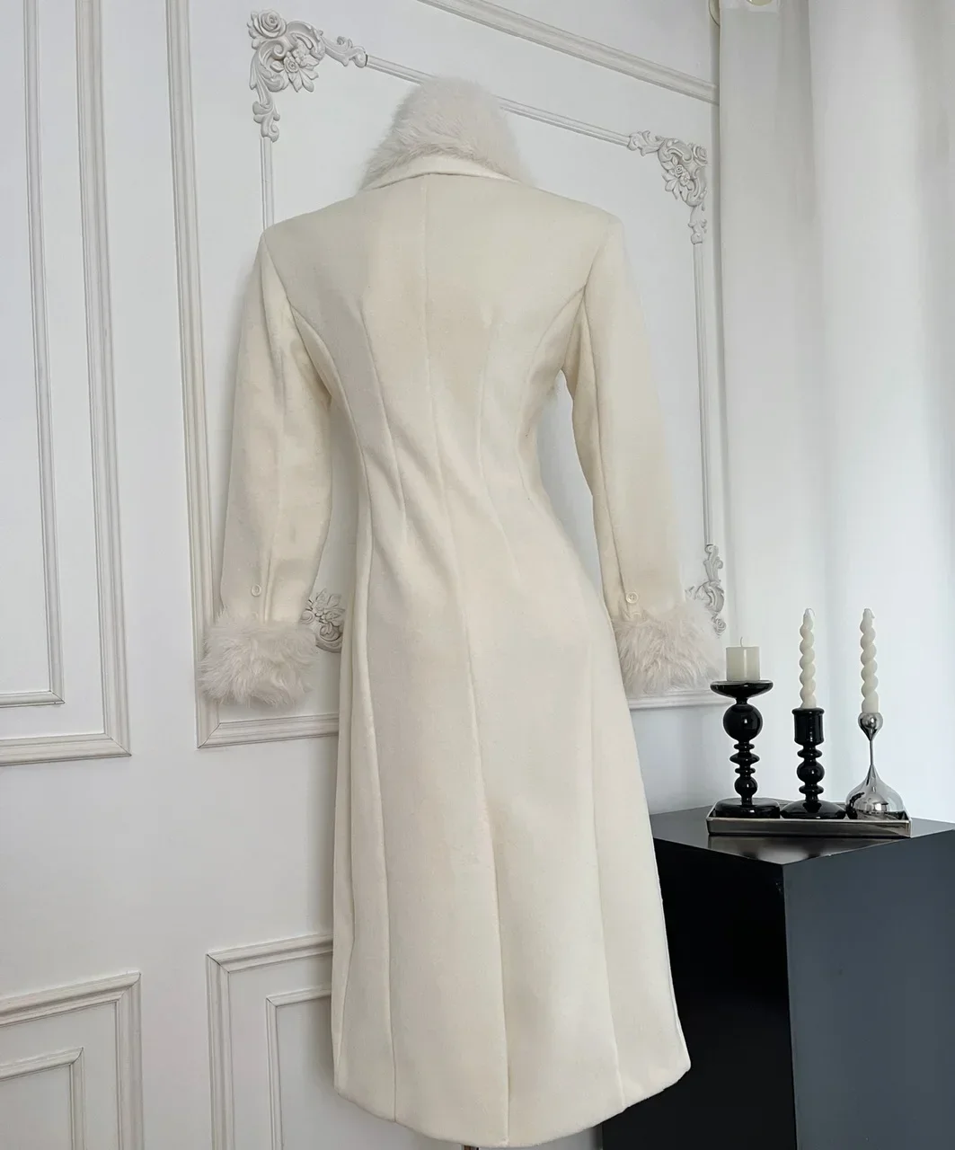 French Elegant Fall and Winter New Women Wool Blends Coats Fur Suit Collar Double Breasted High Waist Slim Long Sleeve Coat 3