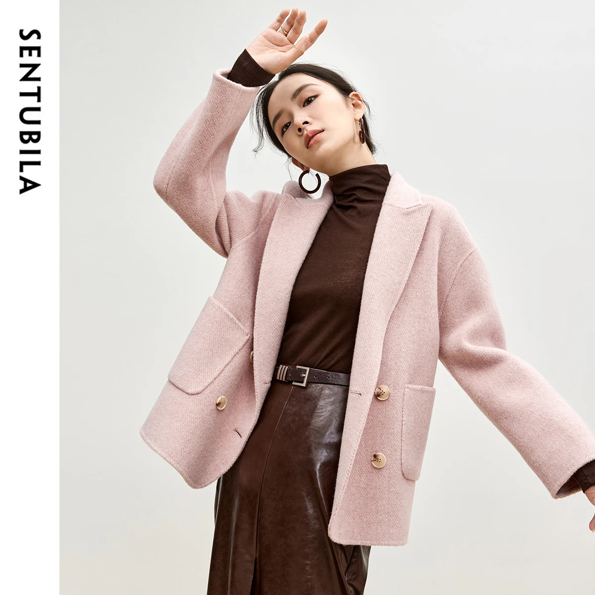 SENTUBILA Cappotto di Lana Invernale Delle Donne 2025 di Nuovo Modo di Stile Coreano Doppio Petto Tasche di Lana Giubbotti Tuta Sportiva Femminile W44O56003 3