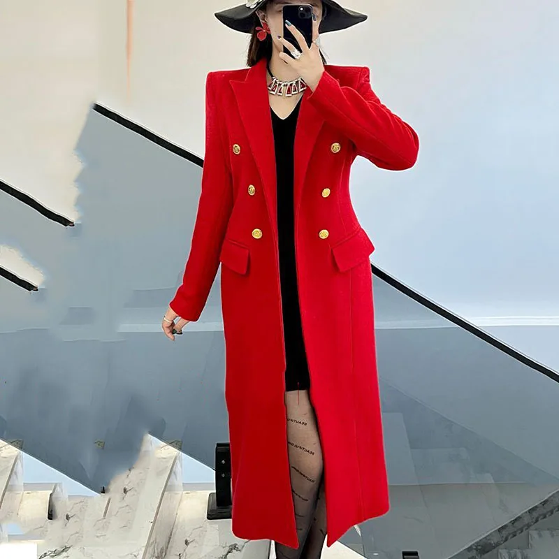 Cappotto di lana da donna con risvolto elegante alla moda autunno inverno 2025 Cappotto di lana da donna doppiopetto spesso rosso di alta qualità H468 3