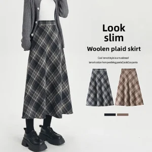 Gonna longuette in lana scozzese da donna vestibilità ampia autunno inverno vintage primavera vita alta gonna a trapezio dimagrante elegante stile pendolare 1