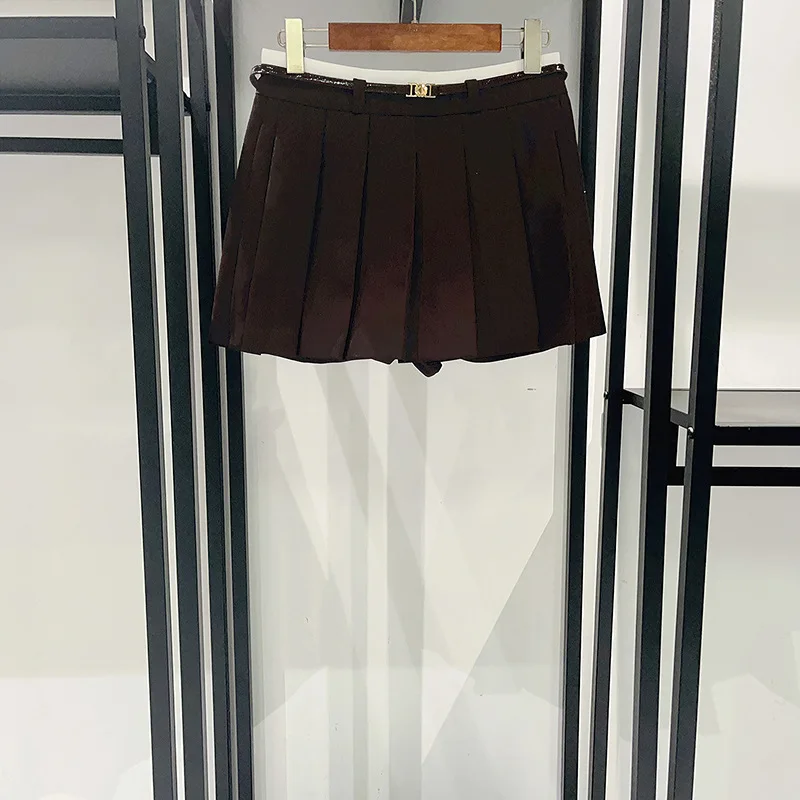 Gonna corta a trapezio tinta unita Gonna corta da donna a pieghe a vita alta con fascia alla moda Gonna autunno Nuovo tutto-fiammifero 3