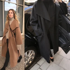 LUXURY Cappotto di lana double face con colletto ribaltabile, stile minimalista, spacco laterale da donna, cappotto lungo con silhouette di lana e cashmere, Niche 1
