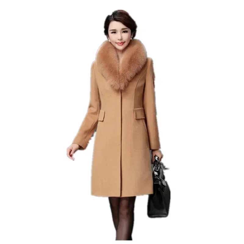 Autunno inverno moda di fascia alta sottile era sottile cappotto di lana collo di pelliccia sintetica sottile era sottile cappotto di media lunghezza cappotto donna 5