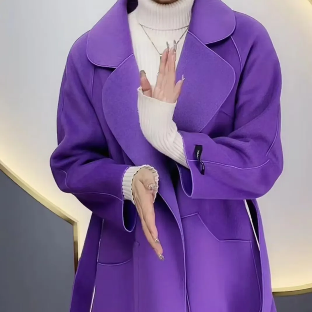 Cappotto di lana double face di alta qualità Giacca di cashmere Lace-Up Autunno Inverno Lungo e sottile Trench moda Capispalla femminile 2025 Ne 1