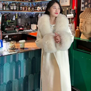 Cappotto in cashmere di lana double face da donna autunno e inverno 2025 nuovo collo in pelliccia di volpe cappotto di lana medio e lungo sottile e sottile 1