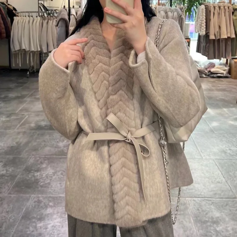 Cappotto di lana di Cashmere moda donna di media lunghezza giacche di pelliccia di visone di lusso da donna 2023 autunno inverno 4