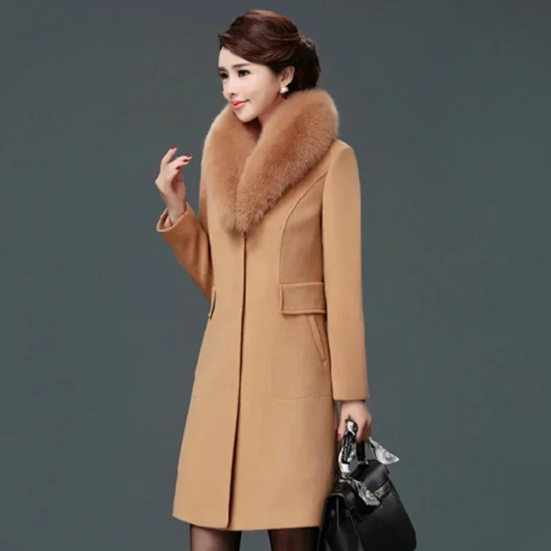 Autunno inverno moda di fascia alta sottile era sottile cappotto di lana collo di pelliccia sintetica sottile era sottile cappotto di media lunghezza cappotto donna 3