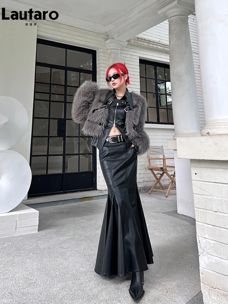 Lautaro primavera autunno Chic elegante nero morbido in pelle Pu Midi gonna a sirena donna vita alta lunghi vestiti firmati di lusso 2023 3