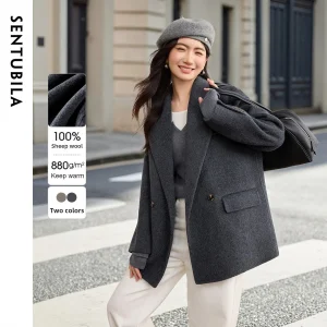SENTUBILA Cappotto da donna in tweed double face 100% lana inverno 2025 Abito classico Colletto con bavero Elegante cappotto caldo antivento W54OA8778 1