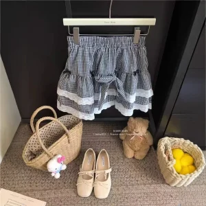 Minigonna scozzese stile dolce Moda donna Estate Nuovo nodo a farfalla Bordo in pizzo Torta dimagrante Gonna corta Abbigliamento versatile 1