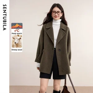 SENTUBILA Cappotto di lana da donna 2025 Inverno Stile britannico Risvolto con tacca Allentato Caldo Elegante Capispalla di lana double face W54OA1880 1