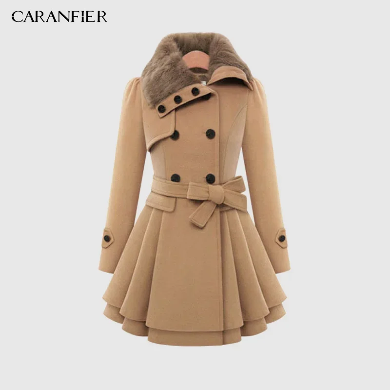 CARANFIER Cappotto da donna Nuovo stile Europa e America Abito da DONNA Slim Fit Lungo doppio petto Cappotto spesso con orlo Giacca di lana 1