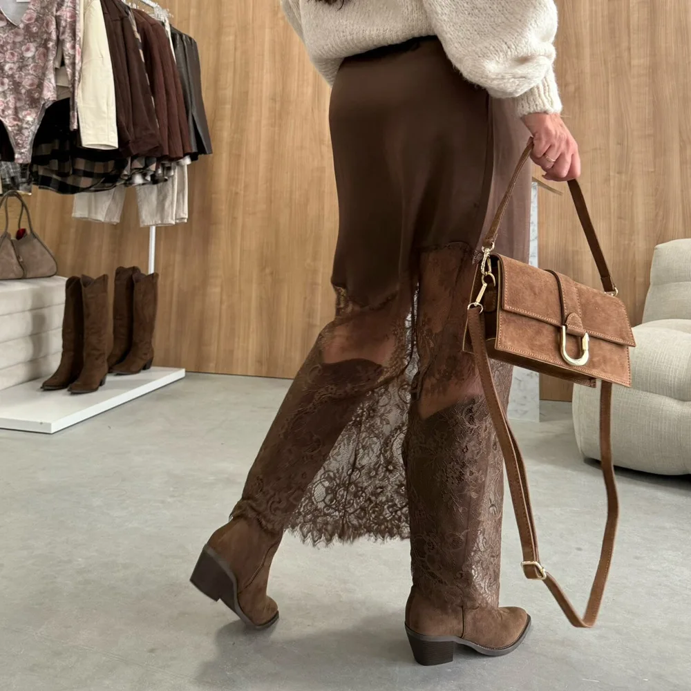 2025 Gonne di pizzo a vita alta Moda donna Slim scava fuori Autunno Patchwork Boho Maxi gonna Casual Office Lady Abiti da pendolare 3