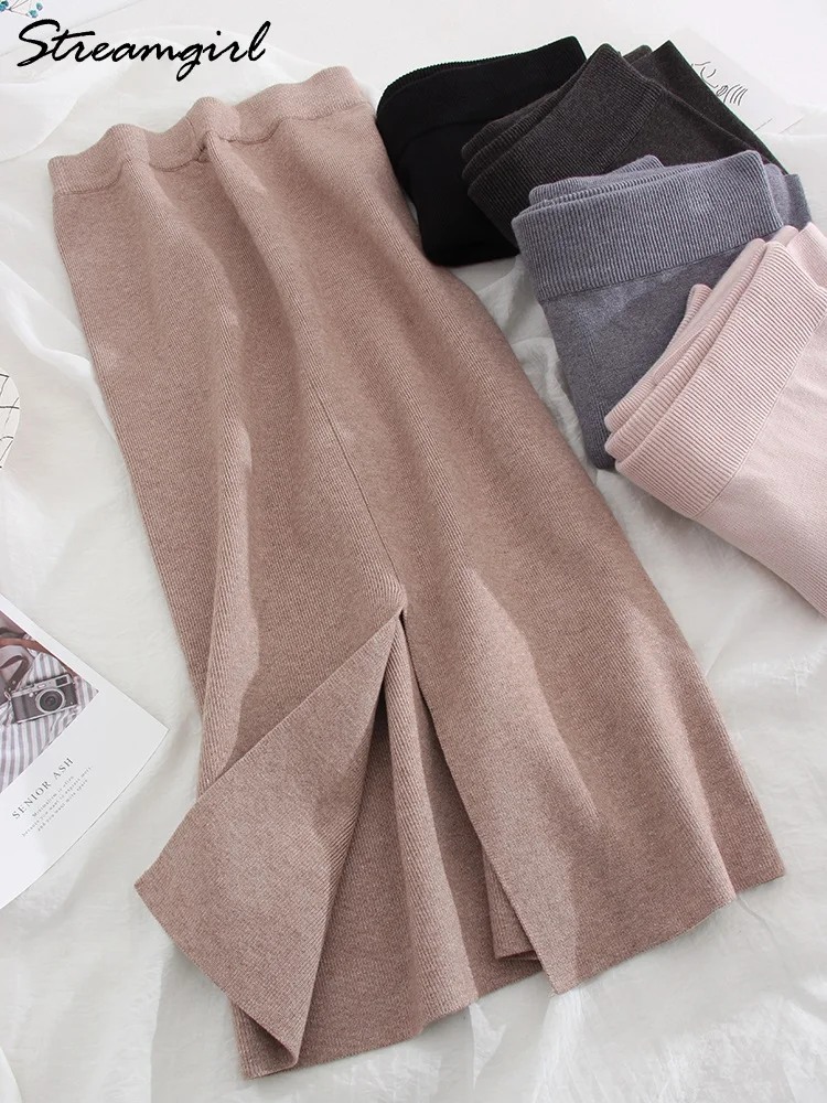 Gonne lunghe lavorate a maglia blu donna 2023 fasciatura primaverile gonna a trapezio divisa a vita alta matita aderente donna gonne Midi lavorate a maglia Maxi 2