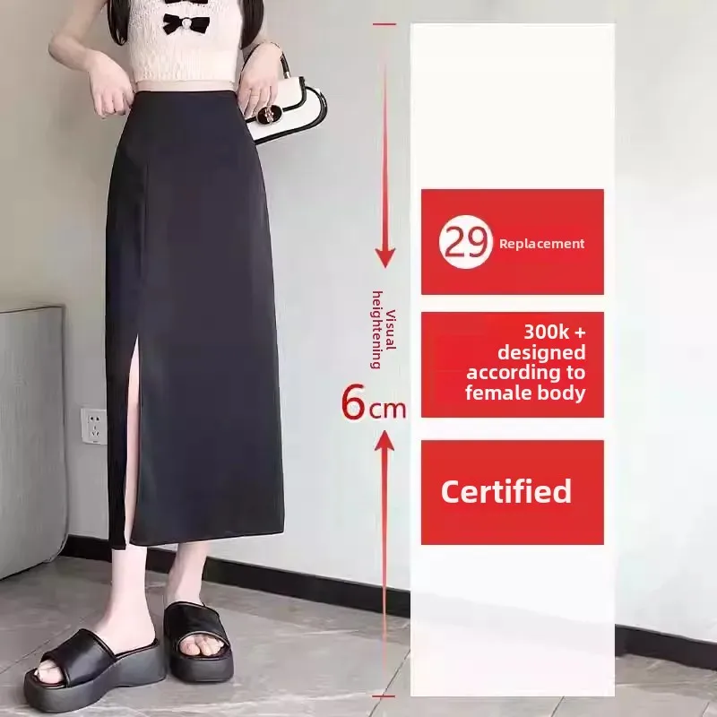 Gonna longuette a vita alta per donna Nero asimmetrico dimagrante Estate Nuova spacco laterale A-Line Fibra di poliestere Colore puro Nessuna decorazione 1