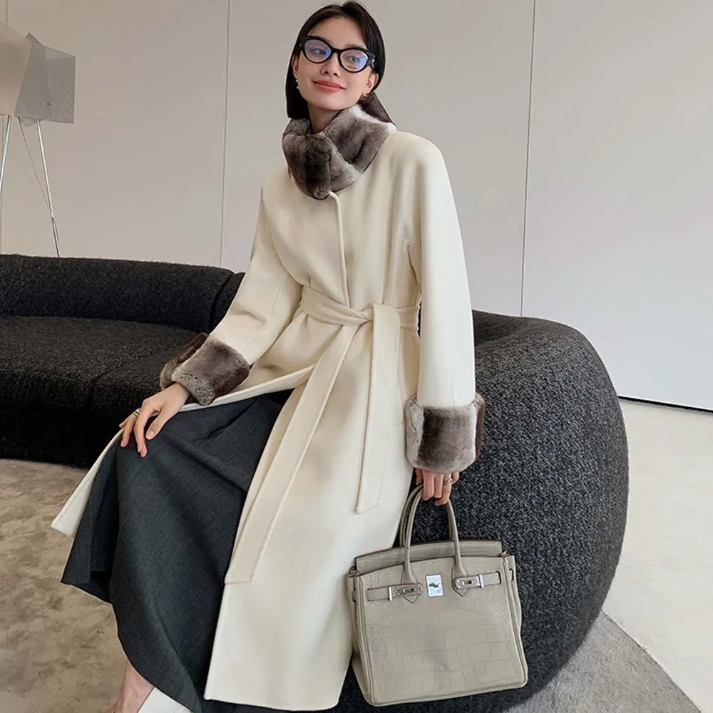 2025 Cappotto invernale da donna in cashmere caldo spesso Cappotto nero elegante Cappotti di lana in pelliccia di visone patchwork con lacci 2