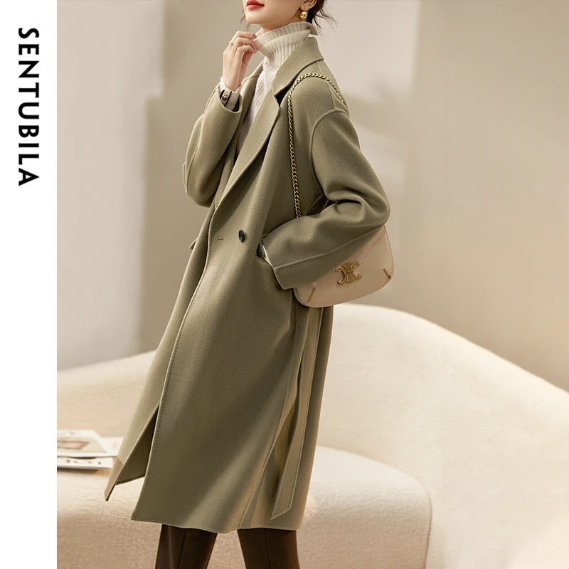 SENTUBILA Cappotto lungo in lana 100% per donna 2025 Inverno spesso sfoderato con cintura di media lunghezza caldo capispalla di alta qualità W44O56770X 4