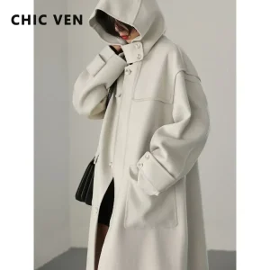 CHIC VEN Fashipn Cappotti Lunghi da Donna Monopetto Casual Allentato con Cappuccio Misto di Lana Cappotto Femminile Magliette E Camicette Autunno Inverno 2023 1