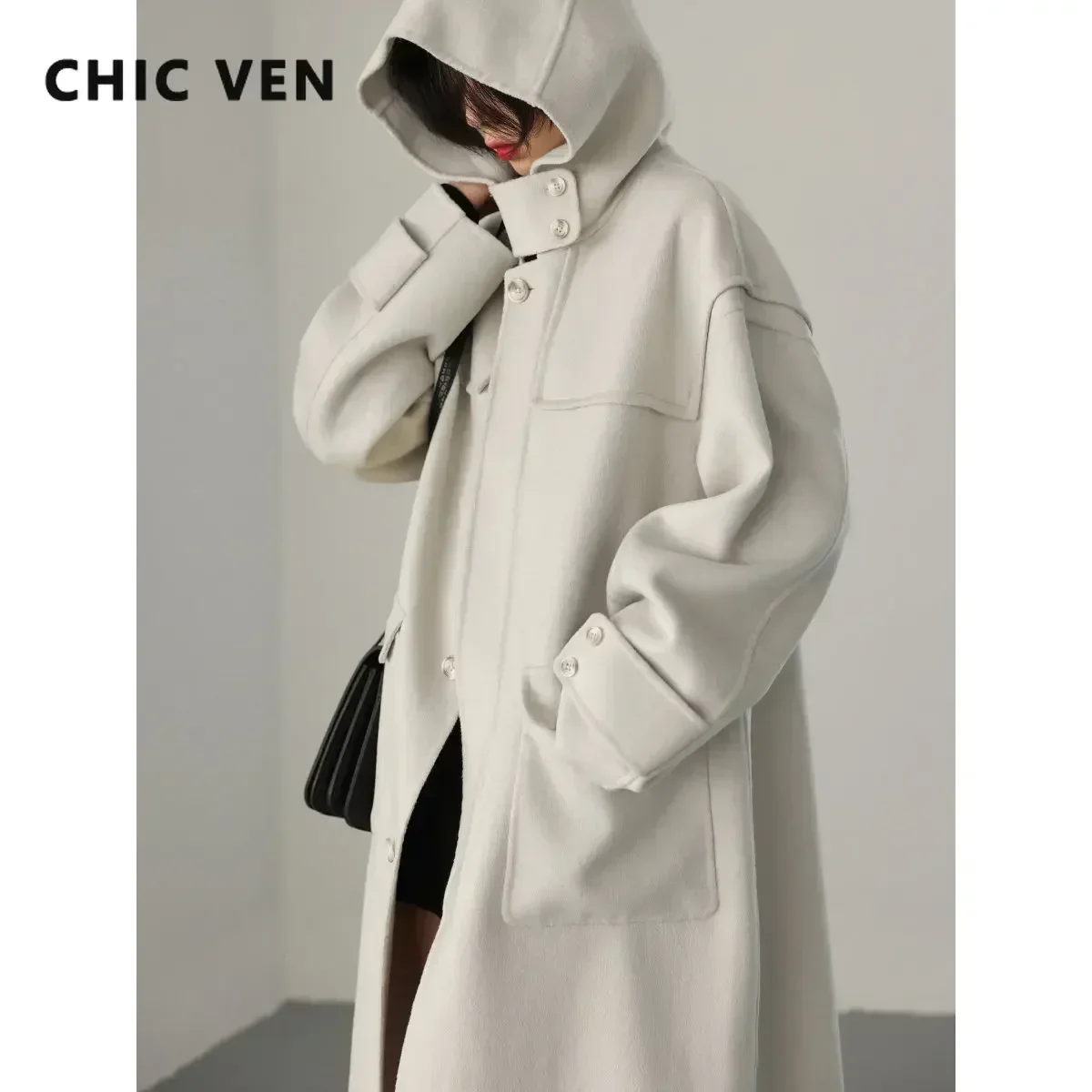 CHIC VEN Fashipn Cappotti Lunghi da Donna Monopetto Casual Allentato con Cappuccio Misto di Lana Cappotto Femminile Magliette E Camicette Autunno Inverno 2023 1