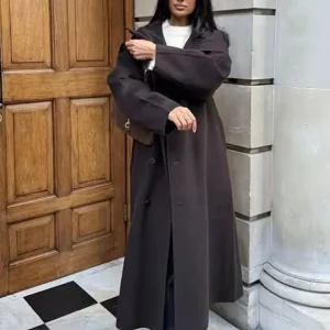 HH Giacca da donna chic con cintura monopetto tascabile decorata Giacca da donna casual a maniche lunghe con risvolto Cappotto lungo da strada vintage sottile allentato 1