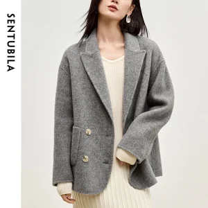 SENTUBILA Cappotti di lana grigi per donne eleganti 2025 Moda invernale Office Lady Tasche doppio petto Giacche oversizeW44O56003 1