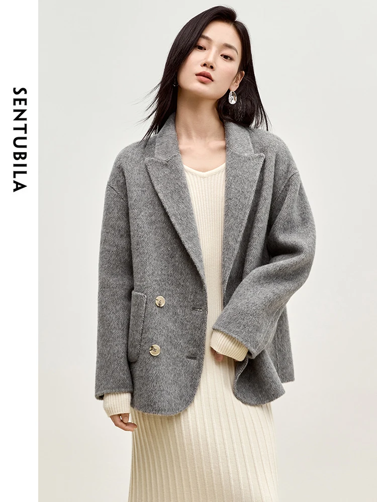 SENTUBILA Cappotti di lana grigi per donne eleganti 2025 Moda invernale Office Lady Tasche doppio petto Giacche oversizeW44O56003 1