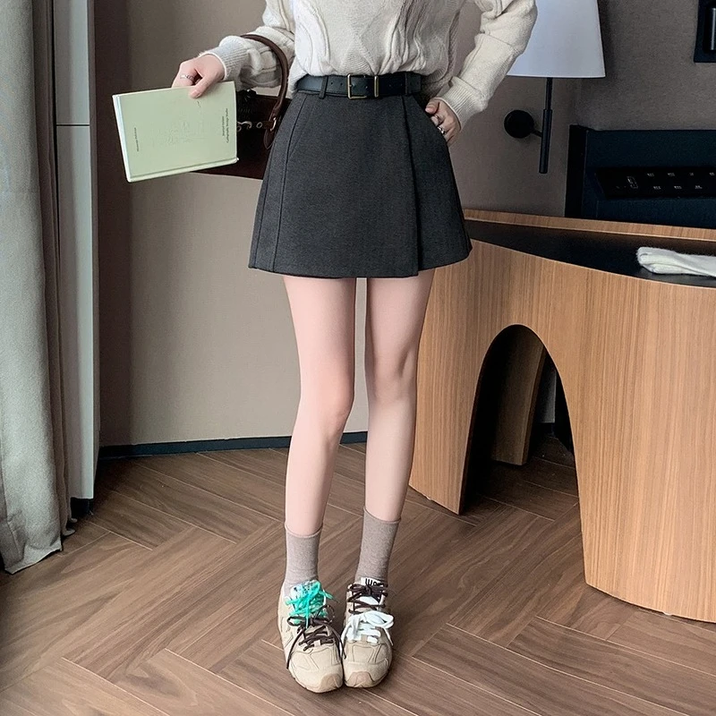 Seoulish Autunno Inverno di Lana A Pieghe da Donna A-line Gonne Corte con Cintura a Vita Alta Avvolgente da Ufficio Mini Gonne Donna 2025 Nuovo 4