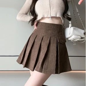 Gonna corta a pieghe da donna vintage a vita alta con tasca Gonne a trapezio in velluto a coste dolce caldo causale autunno inverno Lady 1