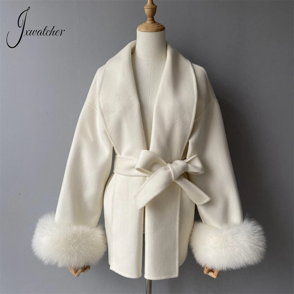 Jxwatcher Cappotto di lana da donna con polsini in vera pelliccia di volpe Cintura elegante da donna Capispalla sottile Autunno Inverno Cappotti di lana di fascia alta 2024 Nuovo 4