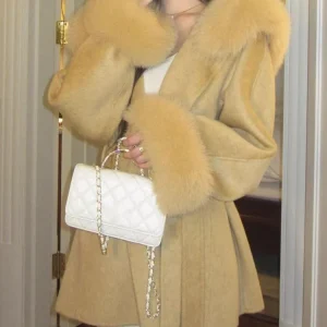 UCXQ Cappotto di lana double face caldo tinta unita Cappotto cardigan con cintura a maniche lunghe con cappuccio da donna 2025 Autunno Inverno Nuova marea 23Z4477 1