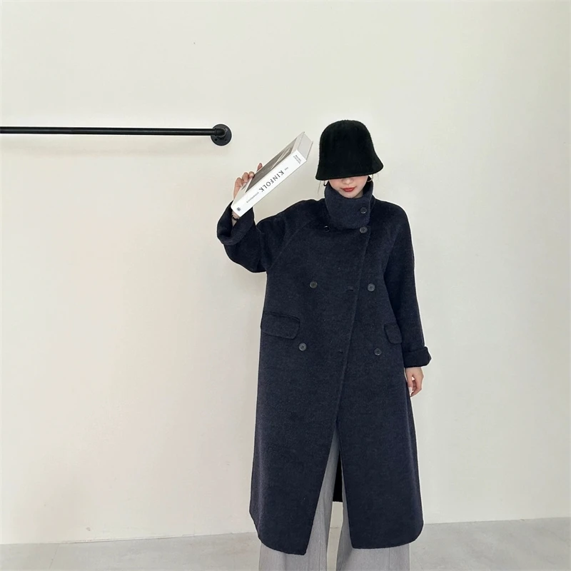 LANMREM Nuovo Colletto Alla Moda Blu Navy Cappotto di Lana Double-face da Donna Manica Raglan Doppio Petto Autunno Inverno Abbigliamento 2DB4773 3