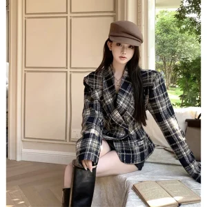 MEXZT Cappotti in misto lana scozzese Donna Giacche di lana trapuntate corte vintage Elegante giacca con cintura Capispalla coreano Cappotto invernale 1