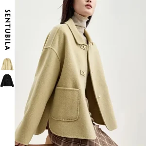 Sentubila 100% lana cappotto corto di lana donna 2023 autunno inverno Casual allentato Double Sided Crop giacca di lana grande tasca W34O49736 1