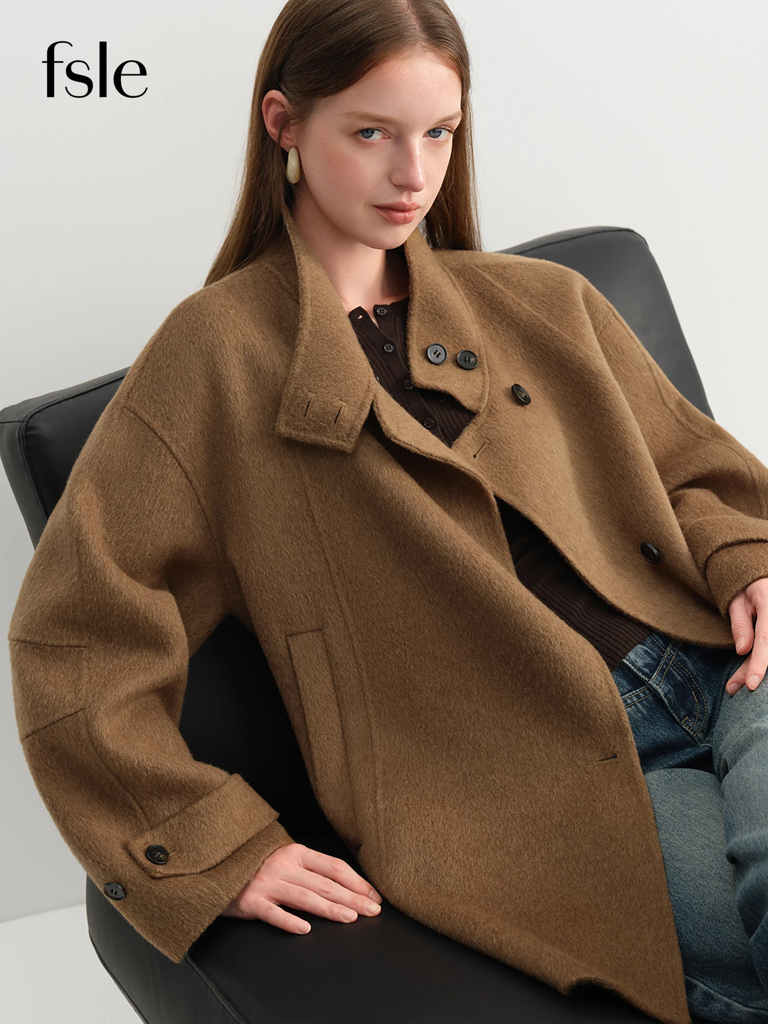FSLE Cappotto di lana corto in lana di pecora stile francese Donna Inverno 2025 Nuove giacche di lana double face Colletto alla coreana semplice 1