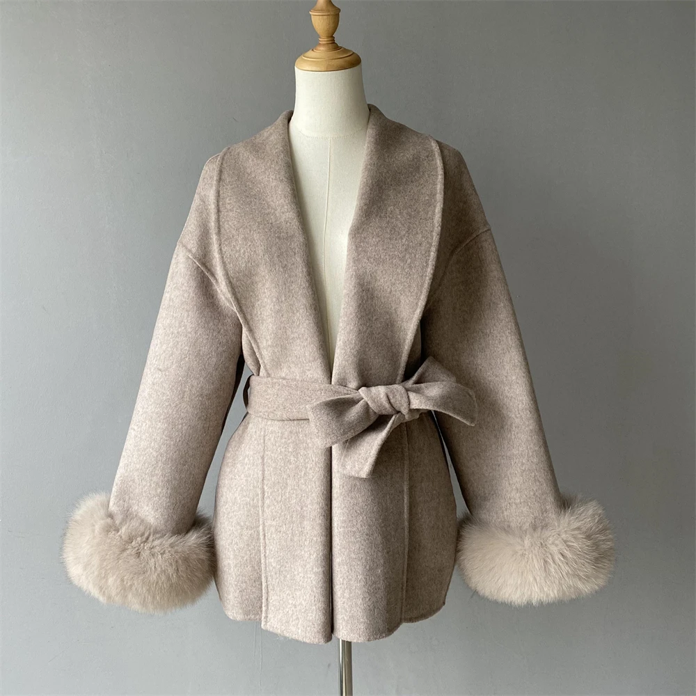 Jxwatcher Cappotto di lana da donna con polsini in vera pelliccia di volpe Cintura elegante da donna Capispalla sottile Autunno Inverno Cappotti di lana di fascia alta 2024 Nuovo 6