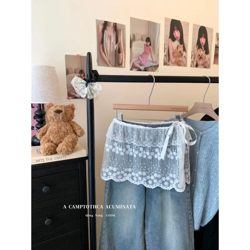 Gonna in pizzo floreale bianco Mezza lunghezza Primavera Estate Stile balletto da donna Dolce nodo a farfalla Cravatta Capispalla Gonna a trapezio sovrapposta 2