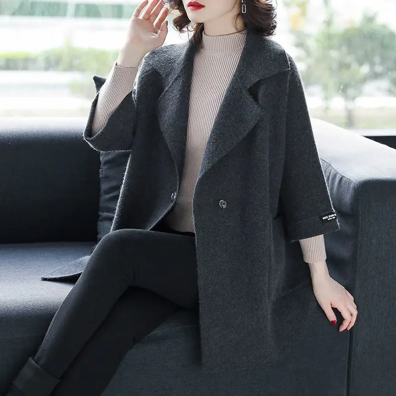 Cappotto di fascia alta in lana per giacca ampia da donna con maniche a 7 quarti di media lunghezza taglie forti 5