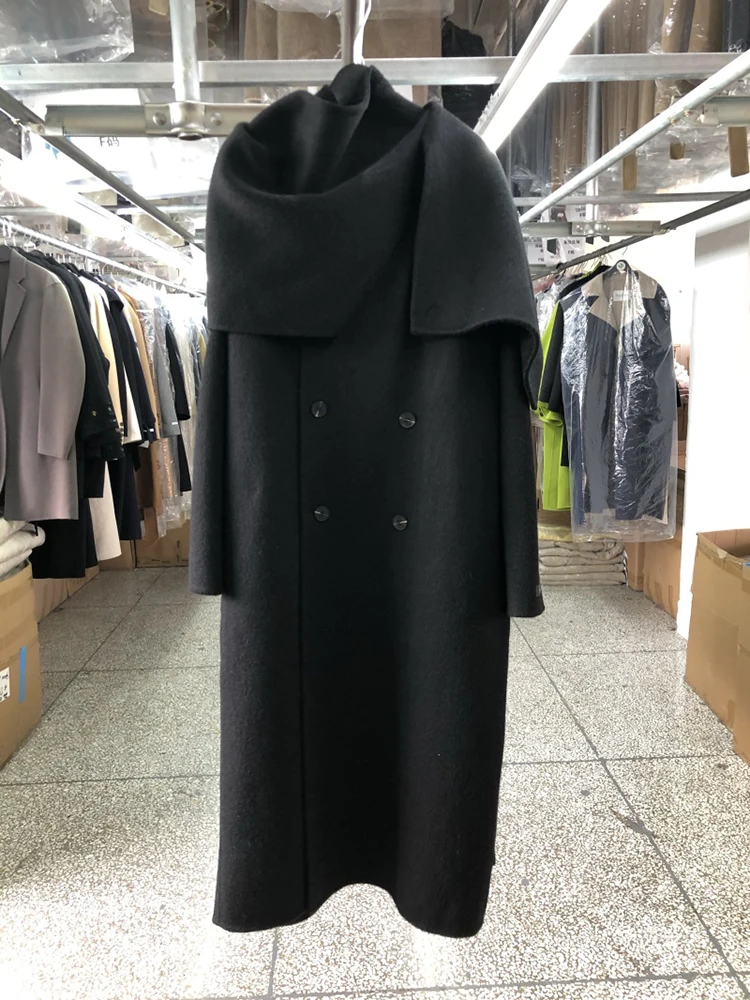 Elegante cappotto in lana doppio petto con colletto a sciarpa grande Giacca invernale in cashmere alla moda coreana allentata da donna 5